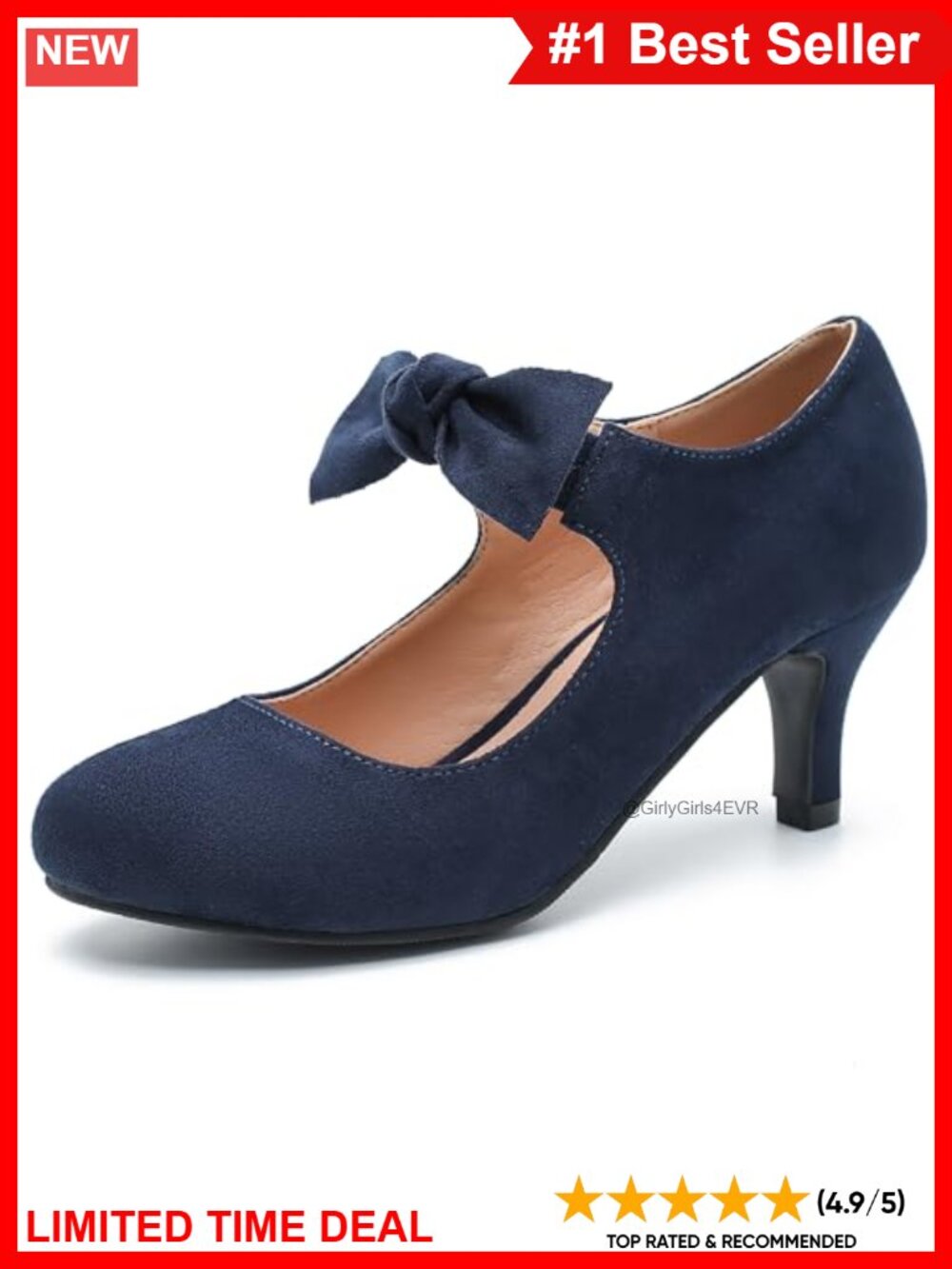 Faux Suede Bow Mary Jane Kitten Heel Pumps Round Toe Dress Shoes